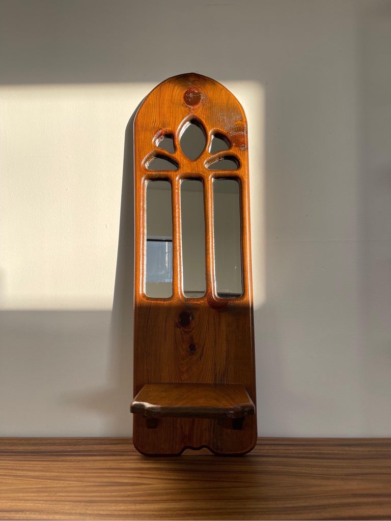 Vintage Wood Wall Mirror with Shelf For Sale at 1stDibs