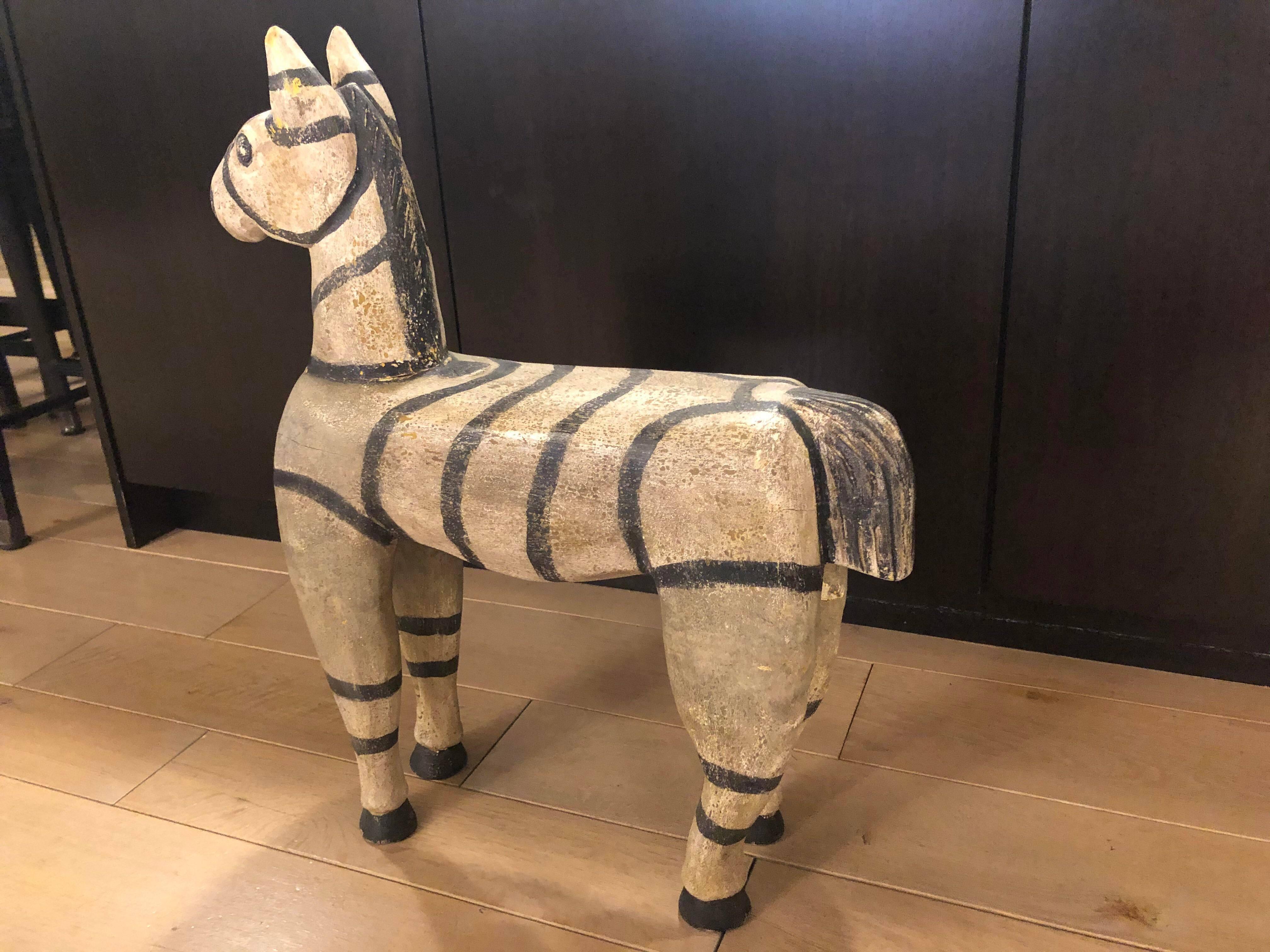 Mid-Century Modern Vintage Wood Zebra Horse Sculpture For Sale