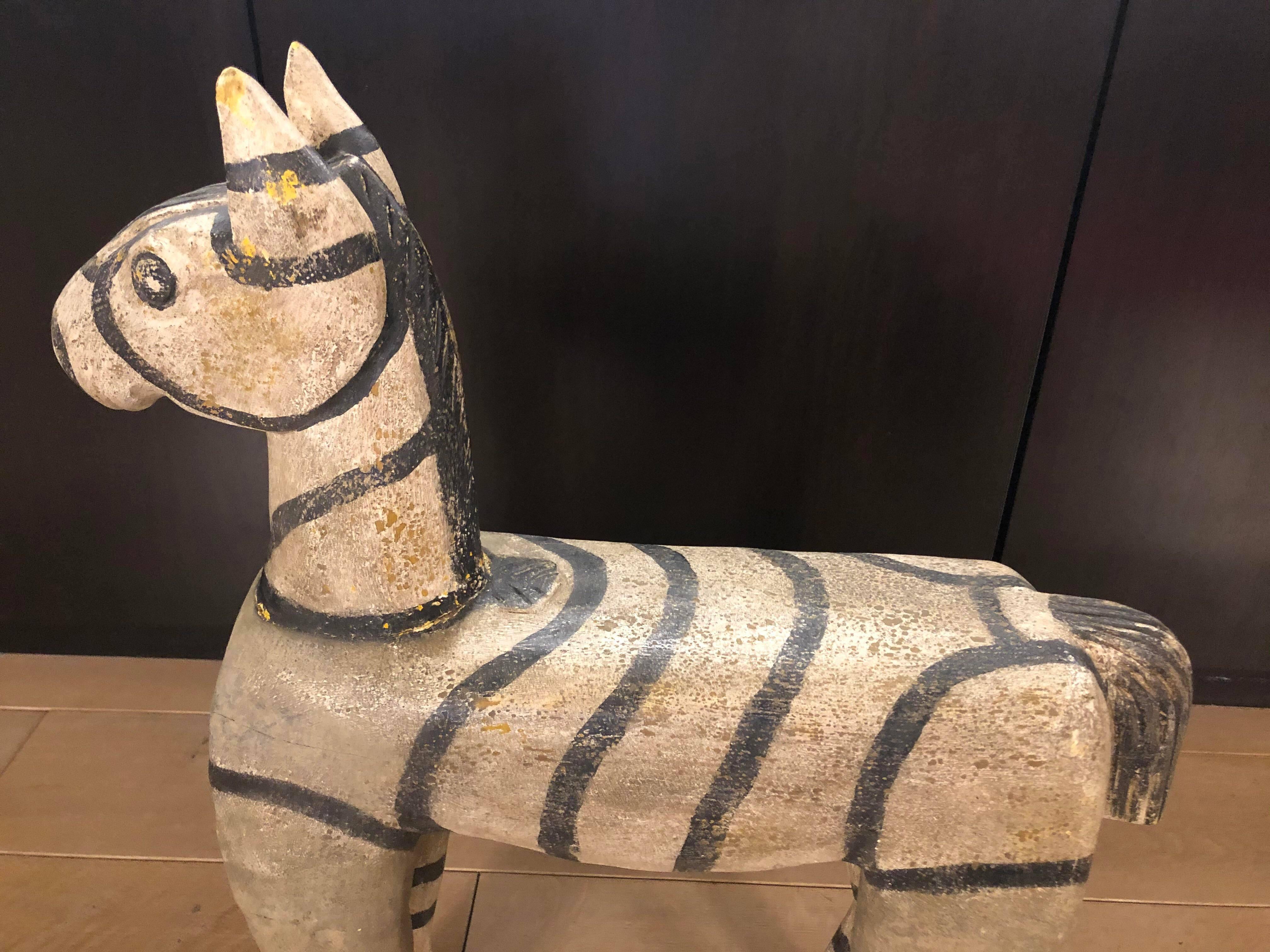 Vintage Wood Zebra Horse Sculpture In Good Condition For Sale In Chicago, IL