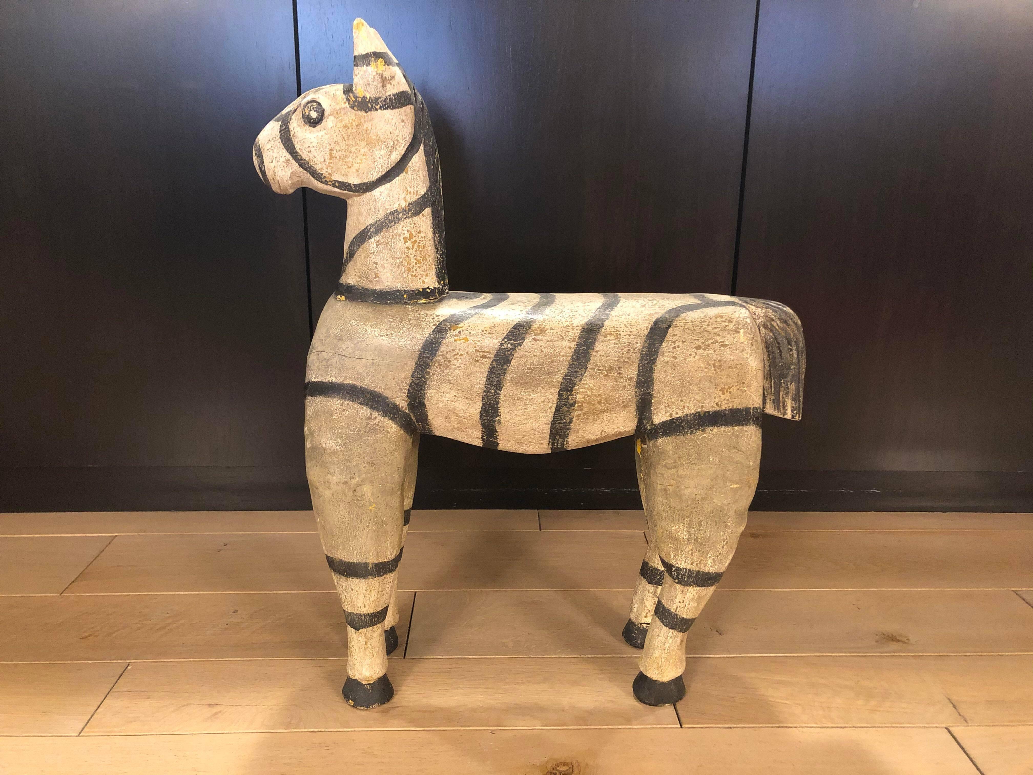 Vintage Wood Zebra Horse Sculpture For Sale 1