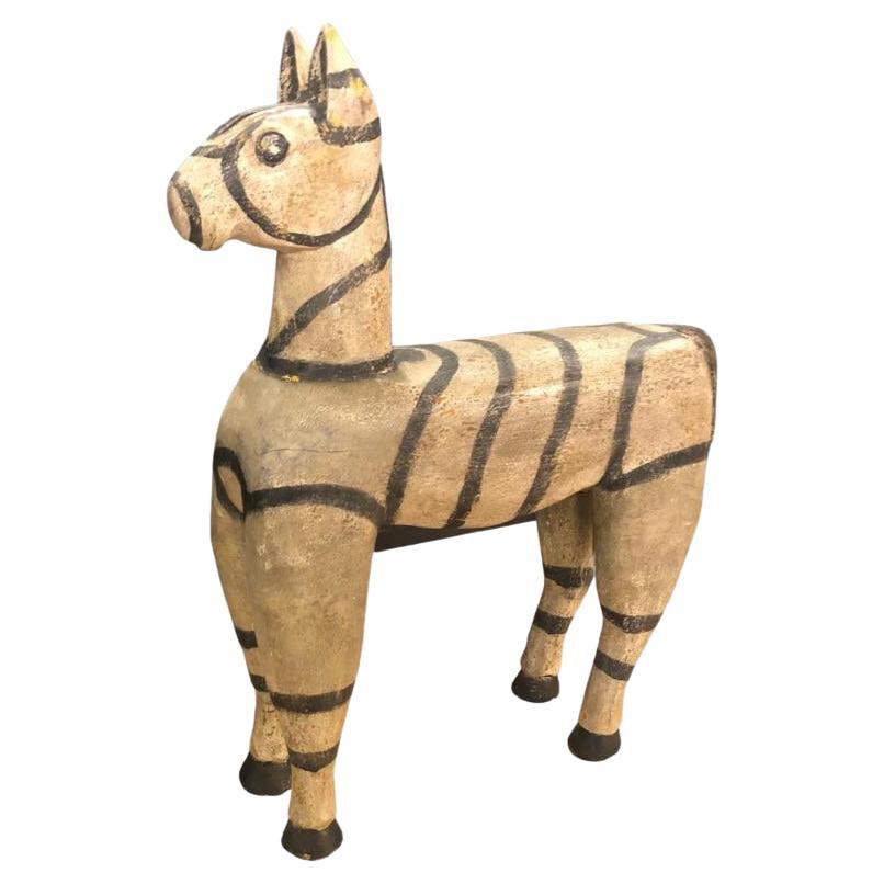 Vintage Wood Zebra Horse Sculpture For Sale