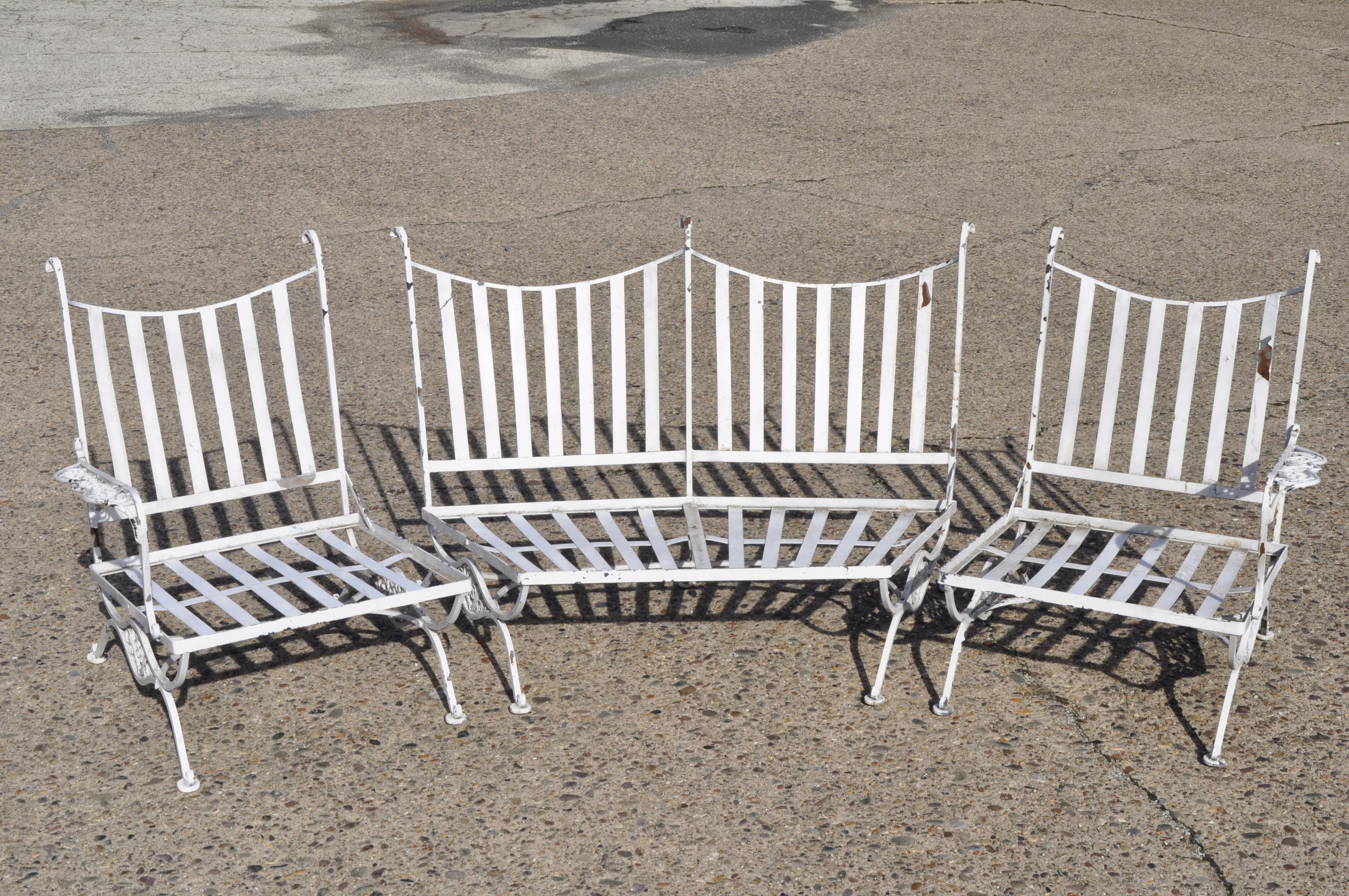Vintage Woodard Andalusian wrought iron 3-piece curved sunroom garden patio sofa. Listing includes custom cushions, fancy scrollwork, wrought iron frame, 3 part construction, quality American craftsmanship, great style and form, circa mid-20th