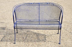 Vintage Woodard Blue Barrel Back Wrought Iron Rose Pattern Outdoor Patio Bench