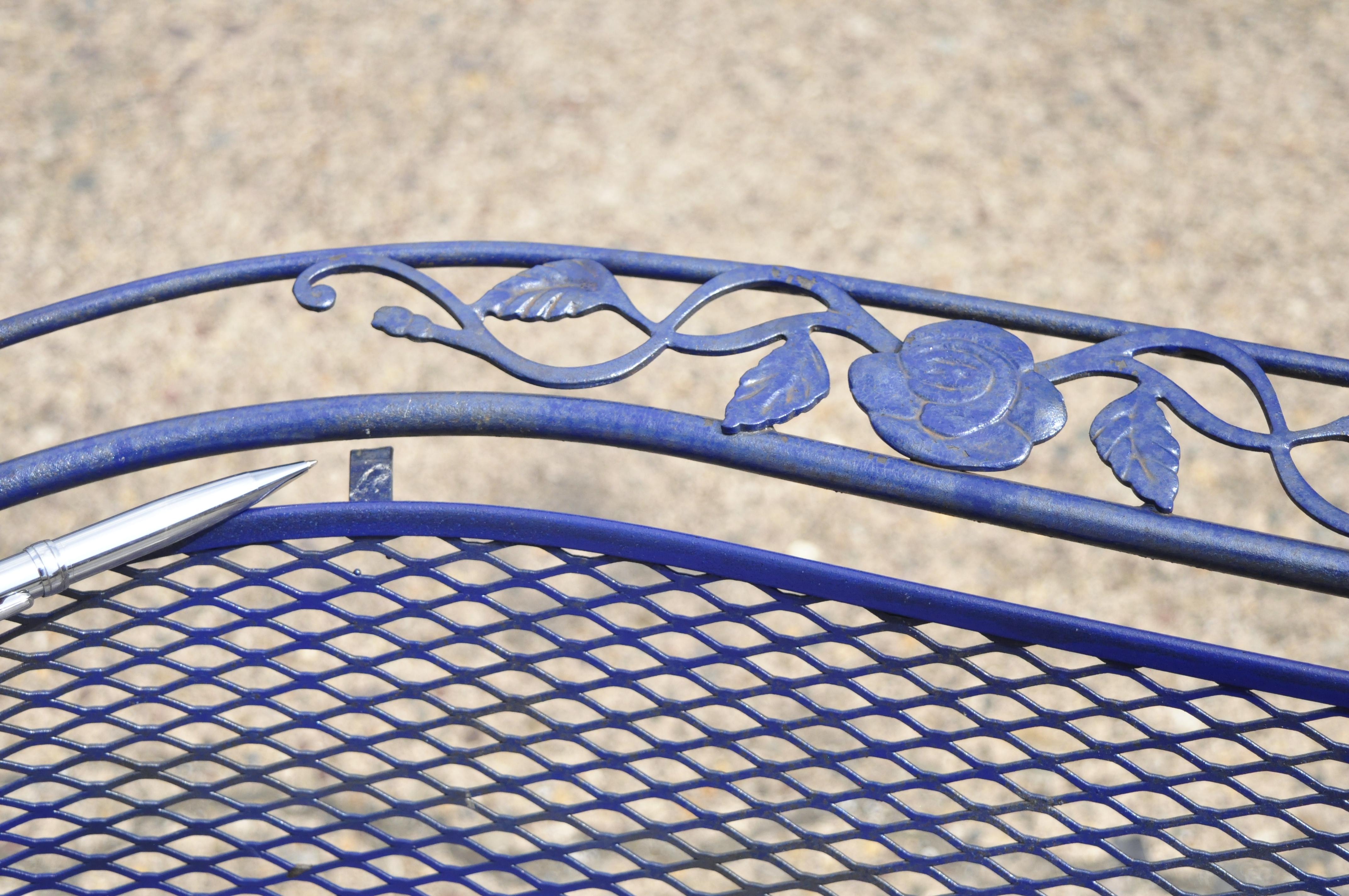 North American Vintage Woodard Blue Barrel Back Wrought Iron Rose Pattern Outdoor Patio Bench