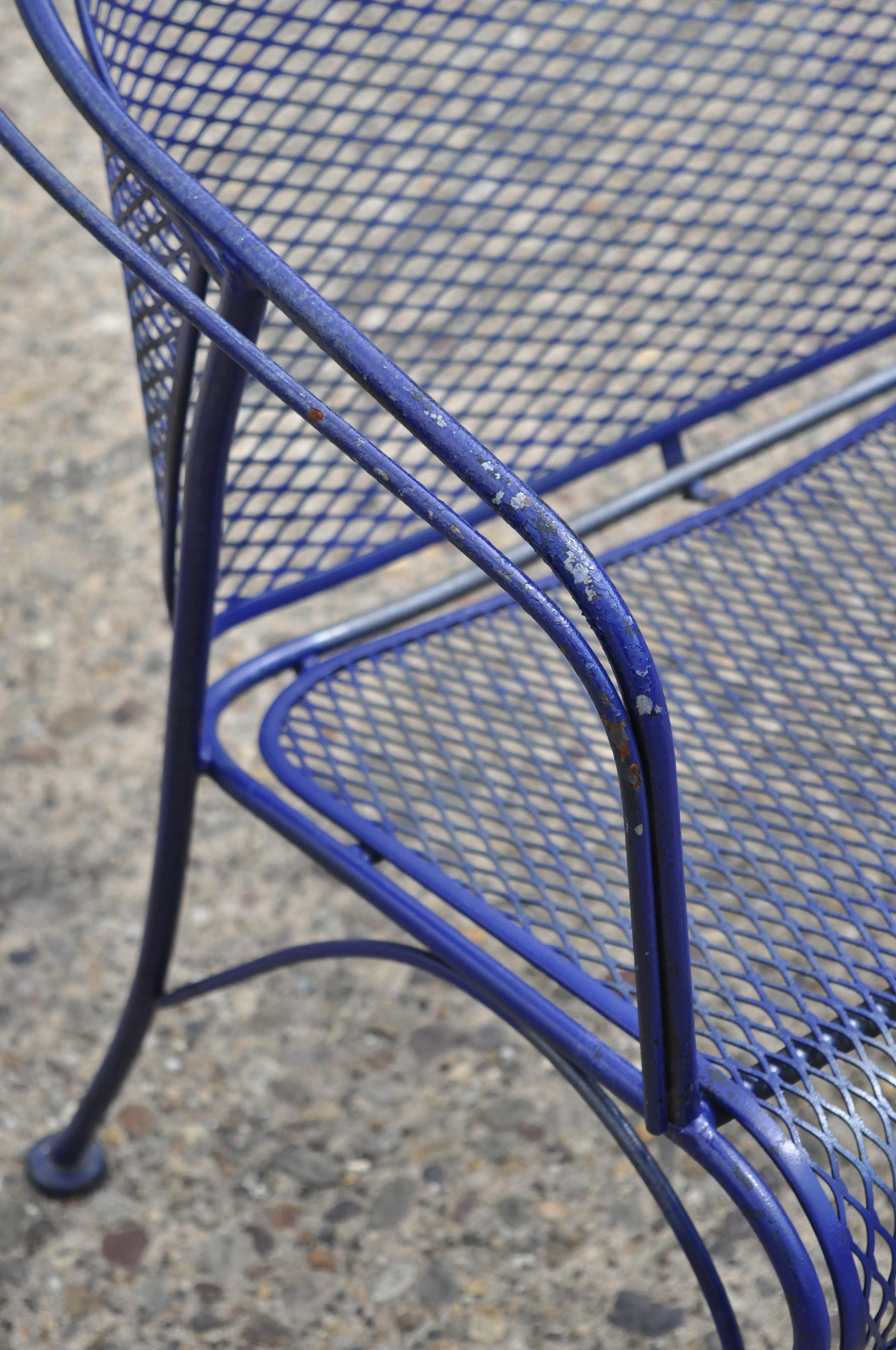 Vintage Woodard Blue Barrel Back Wrought Iron Rose Pattern Outdoor Patio Bench In Good Condition In Philadelphia, PA