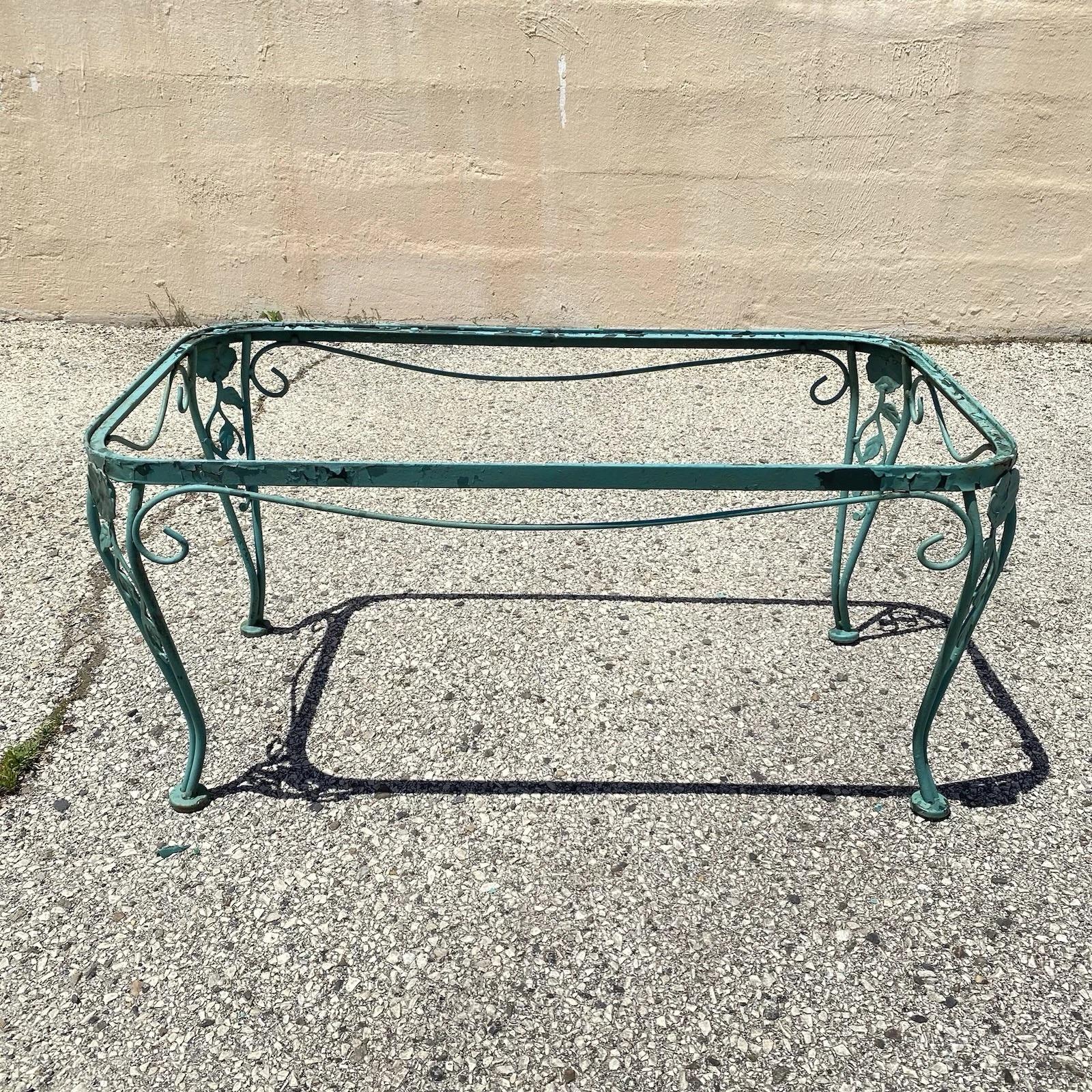 Vintage Woodard Chantilly Rose Green Wrought Iron Garden Patio Coffee Table. Circa Mid 20th Century. Measurements: 17