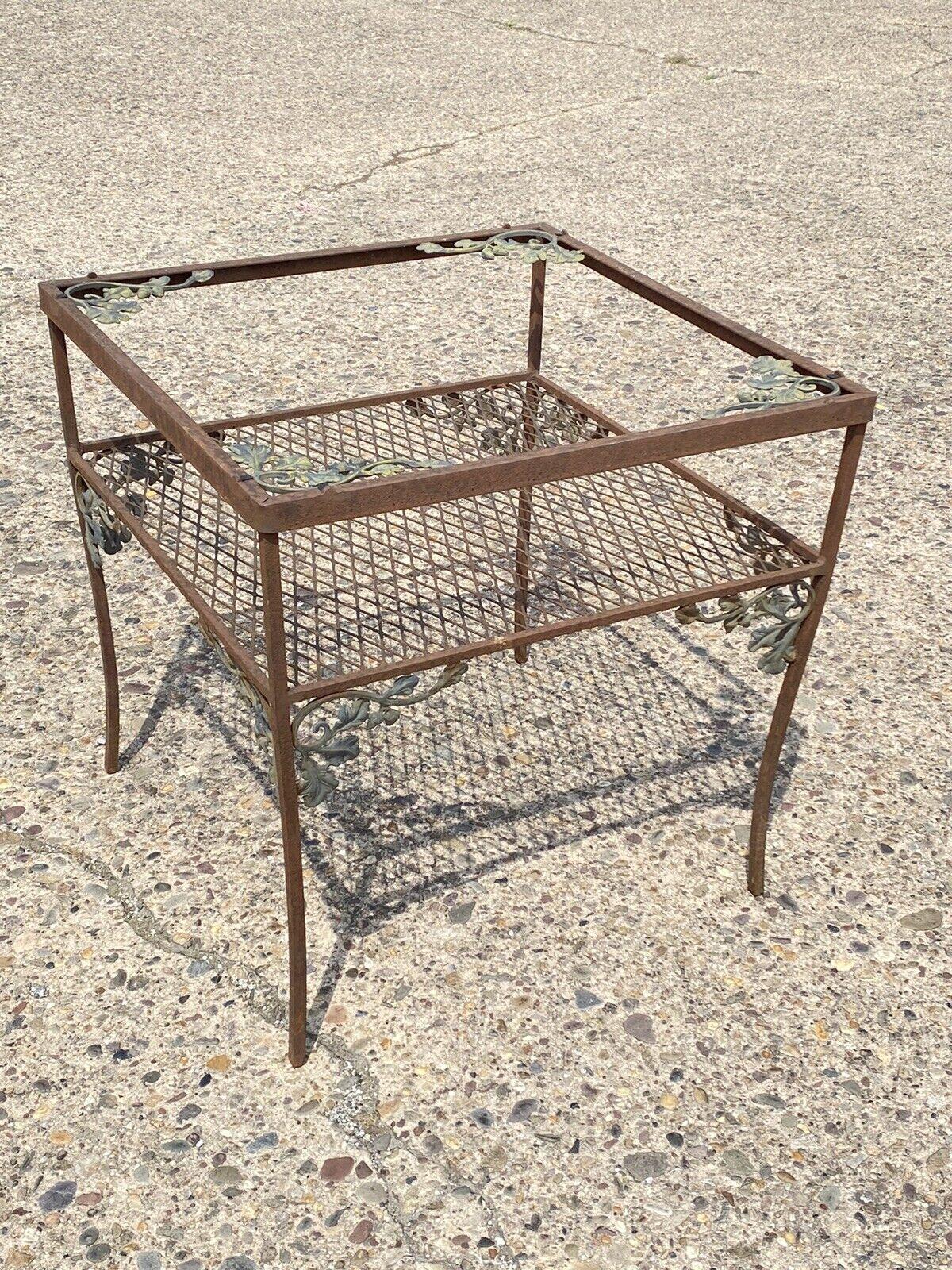 Vintage Woodard Orleans Pattern Wrought Iron 2 Tier Garden Patio Side Table (No glass). Circa Mid 20th Century. Measurements: 24
