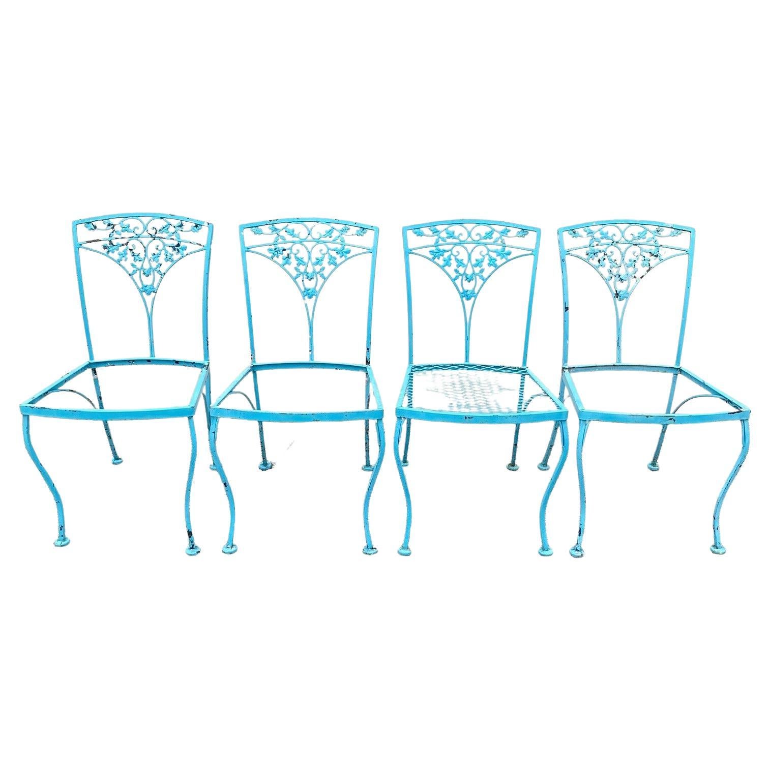 Ensemble de 4 chaises de salle à manger de jardin vintage Woodard en fer forgé à motif Orleans