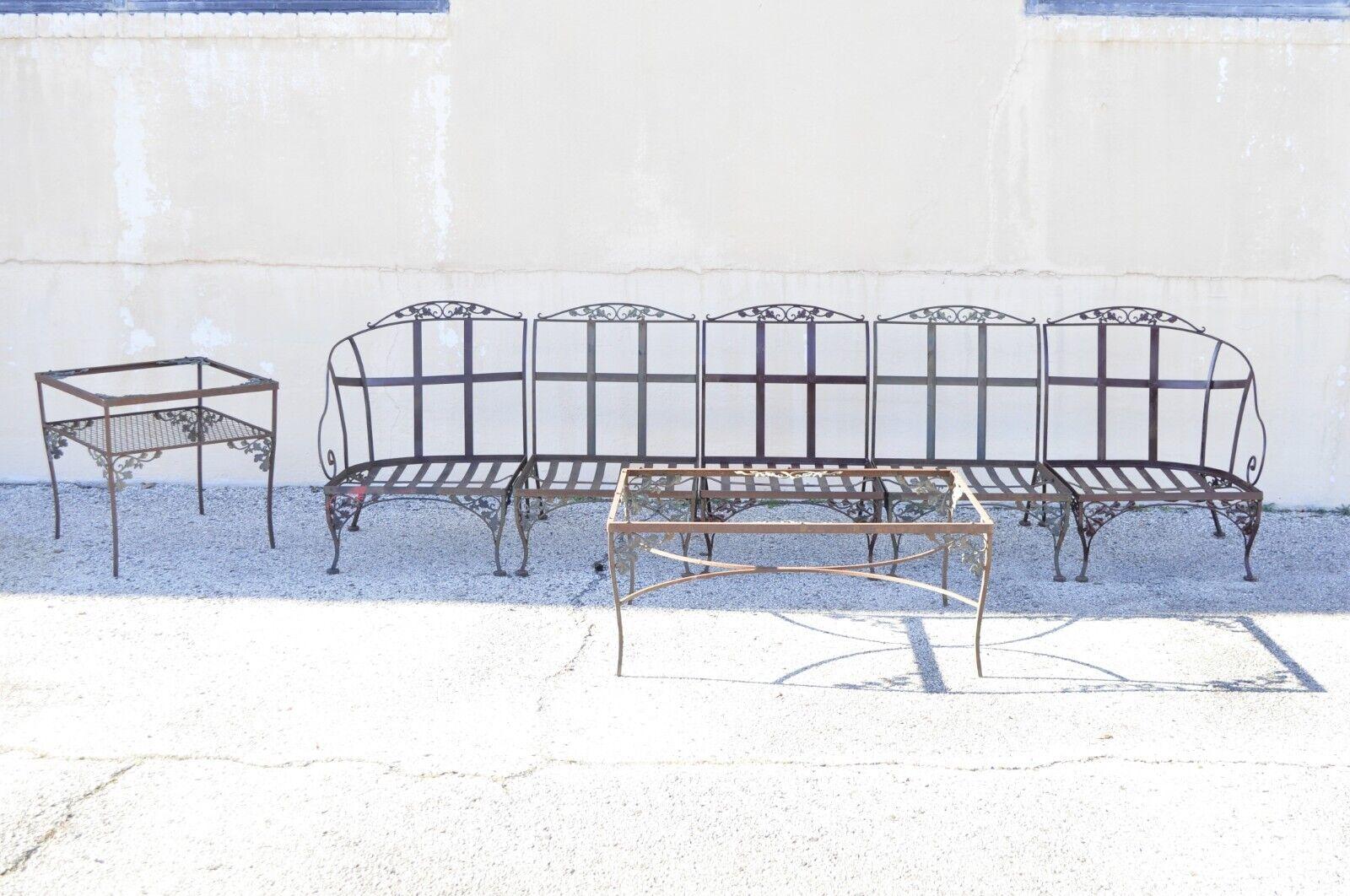 Vintage Woodard Orleans pattern wrought iron garden patio sofa table set 5 pcs. Item features (1) side table, (1) coffee table, (5) seating pieces for various arrangement, Orleans pattern. 
Measures: Sofa: 126