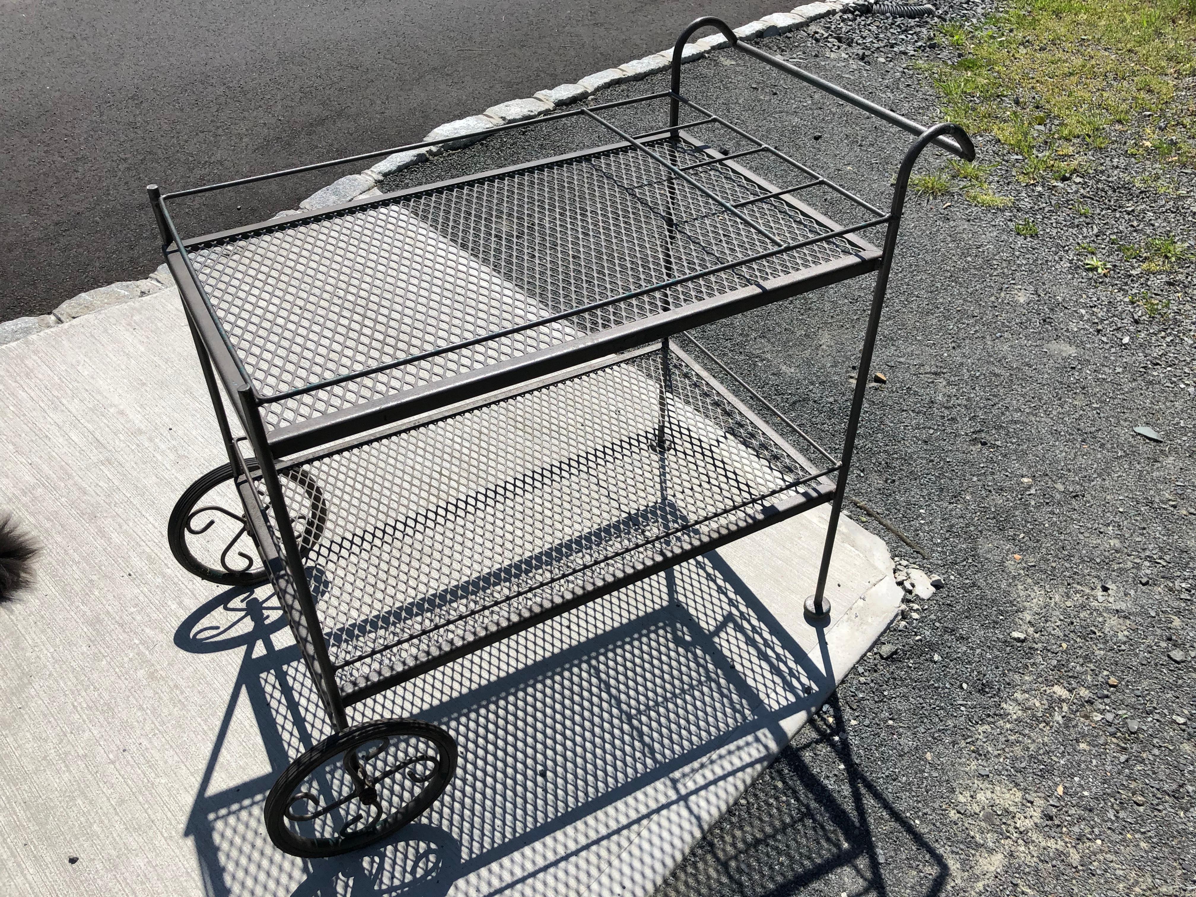 Vintage Woodard Patio Painted Iron Bar Cart For Sale 1