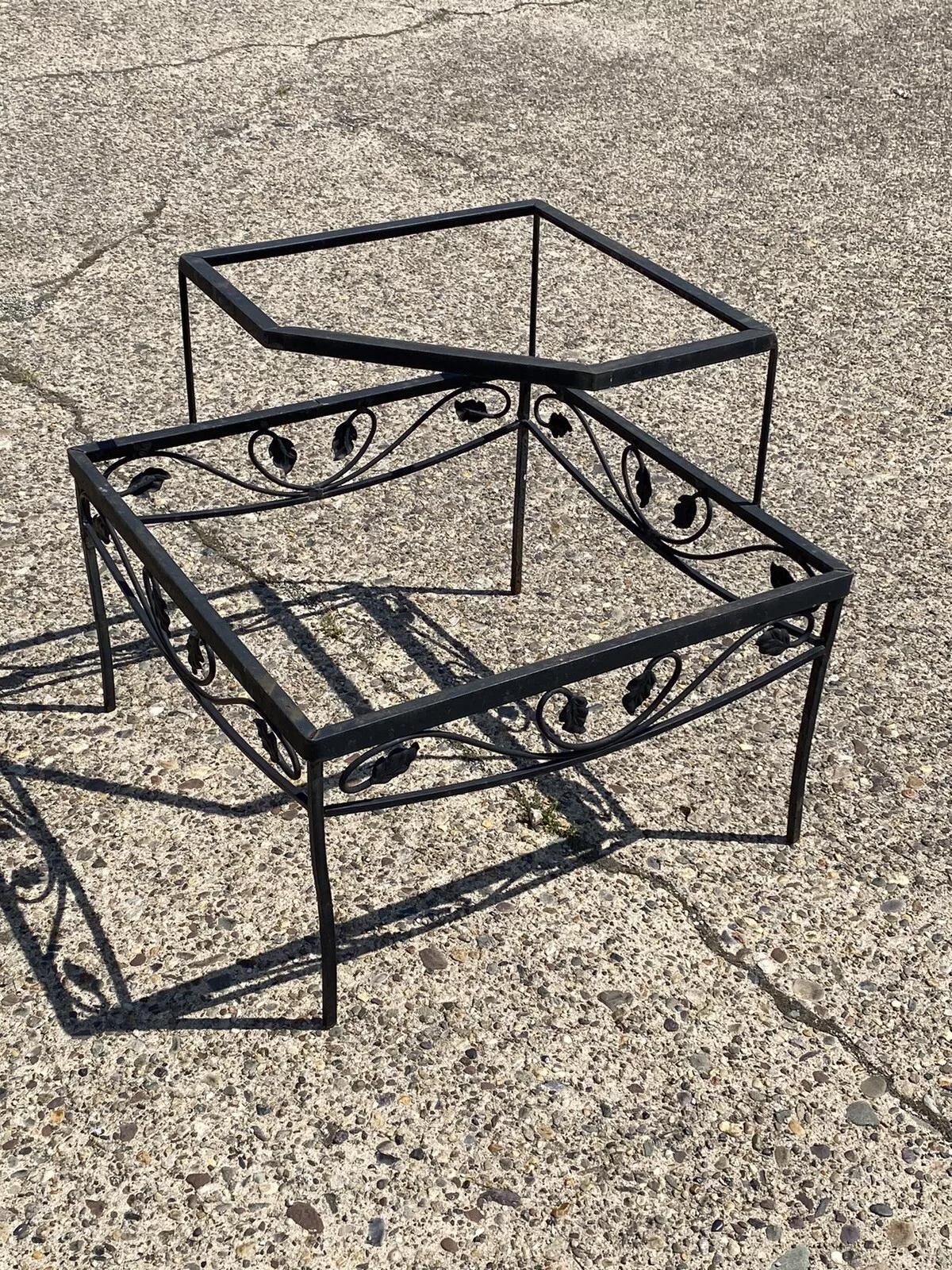 Vintage Woodard Scrolling Leaf Wrought Iron Patio Corner 2 Tier Coffee Table with NO glass. Circa Mid 20th Century. Dimensions : 22