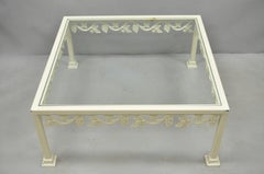 Vintage Woodard Style White Wrought Iron "Grapevine" Square Glass Coffee Table
