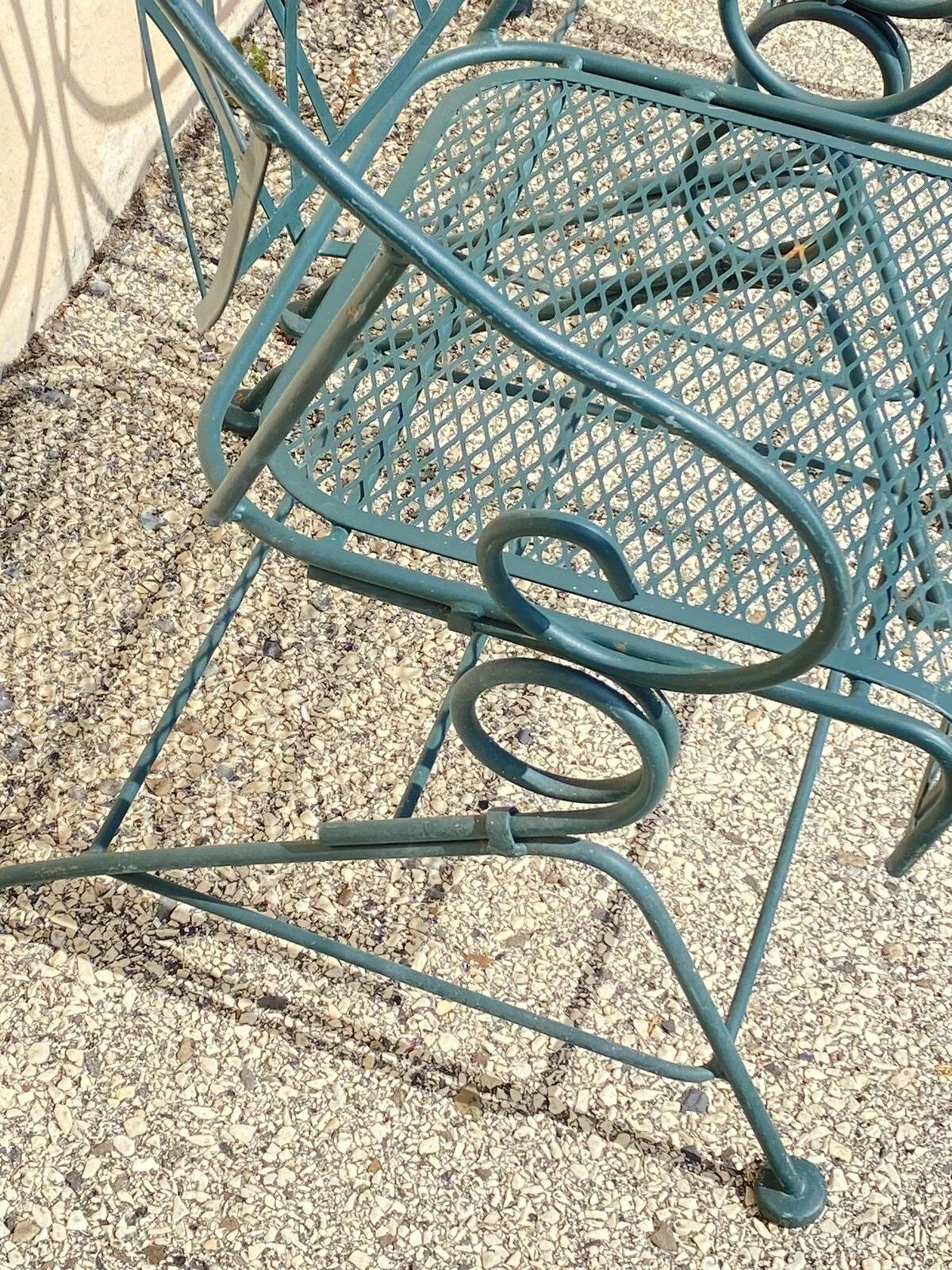 Glass Vintage Woodard Wrought Iron Green Spring Bouncy Patio Dining Set - Set of 5 For Sale