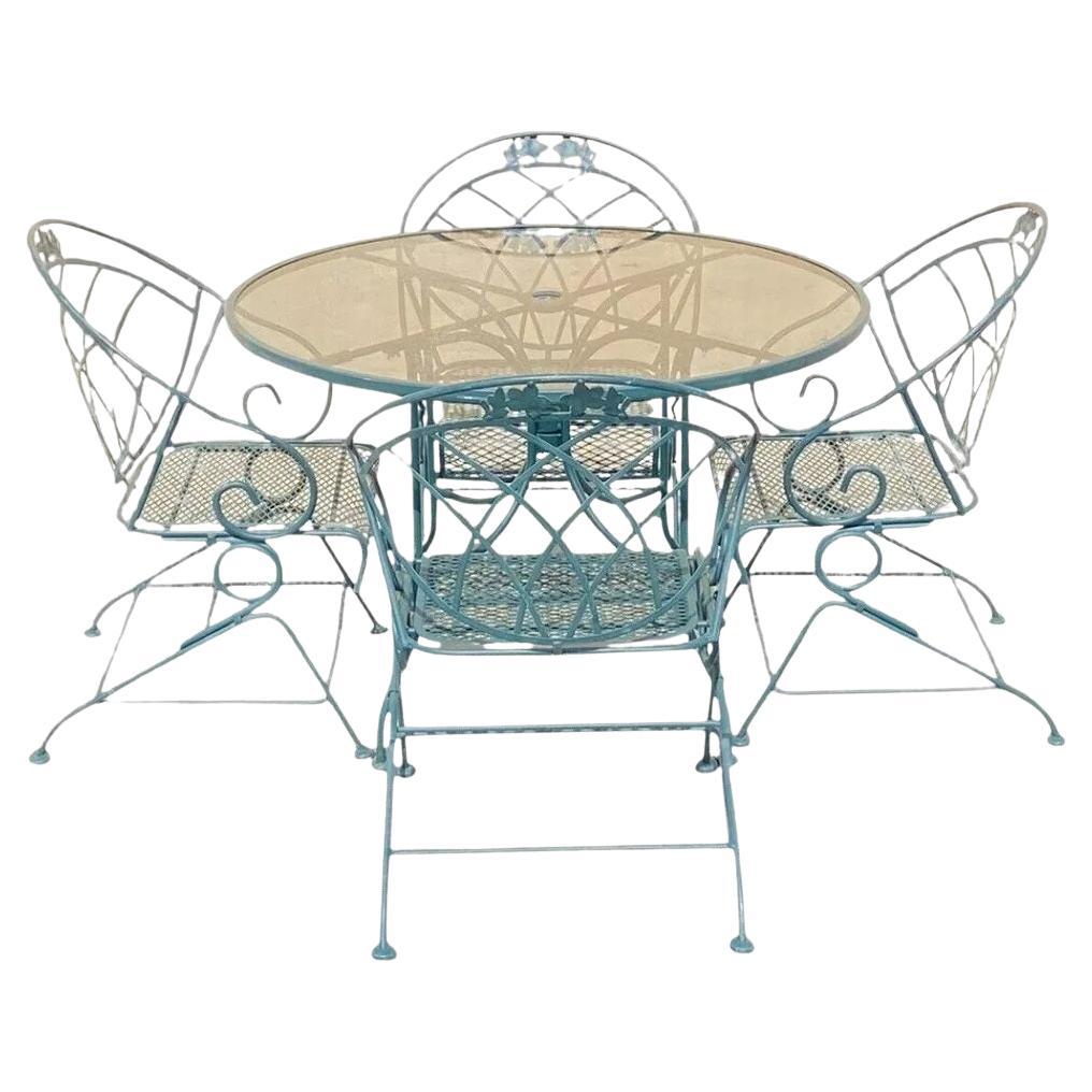 Vintage Woodard Wrought Iron Green Spring Bouncy Patio Dining Set - Set of 5