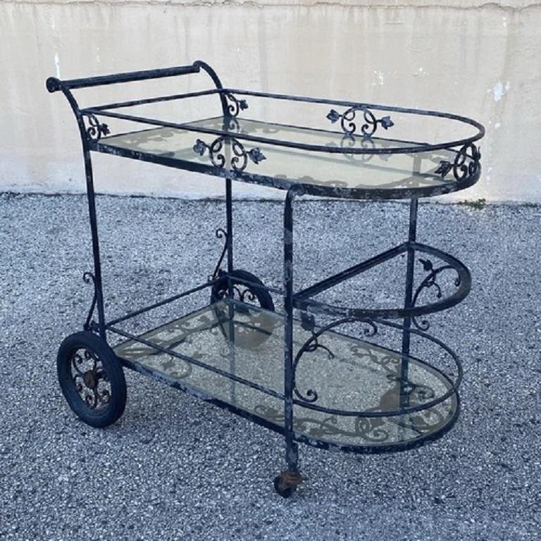 Vintage Woodard Schmiedeeisen Blatt & Vine geschwungenen Glas Garten Patio Bar Teewagen im Angebot 6
