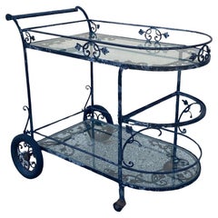 Vintage Woodard Wrought Iron Leaf & Vine Curved Glass Garden Patio Bar Tea Cart