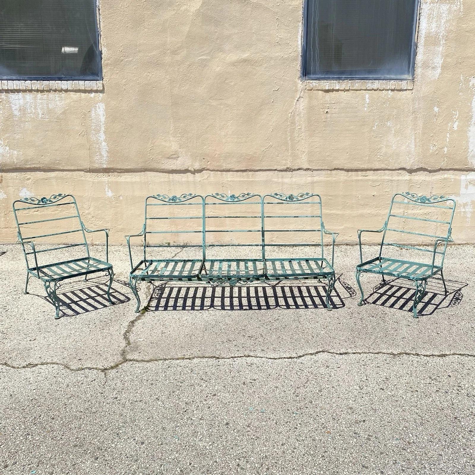 Vintage Woodard Wrought Iron Patio 3 Seat Sofa and Pair Lounge Chairs all with Flower and Vine Details - 3 Pc Set. Circa Late 20th Century. Measurements: Sofa: 33.5