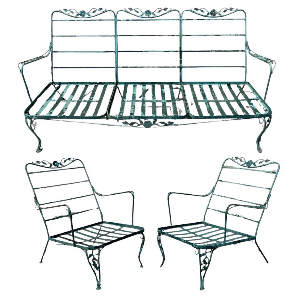Vintage Woodard Wrought Iron Patio 3 Seat Sofa and Pair Lounge Chairs - 3 Pcs