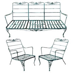 Vintage Woodard Wrought Iron Patio 3 Seat Sofa and Pair Lounge Chairs - 3 Pcs