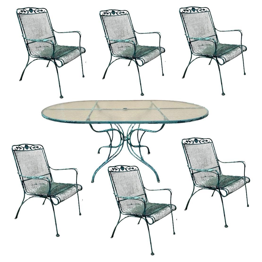 Vintage Woodard Wrought Iron Patio Dining Set w/ Long Oval Dining Table - 7 Pcs