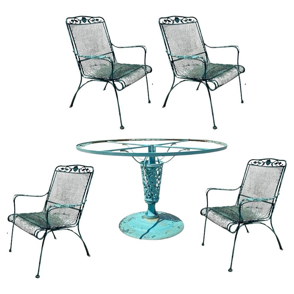 Vintage Woodard Wrought Iron Patio Dining Set w/ Round Pedestal Base Table 5 Pcs