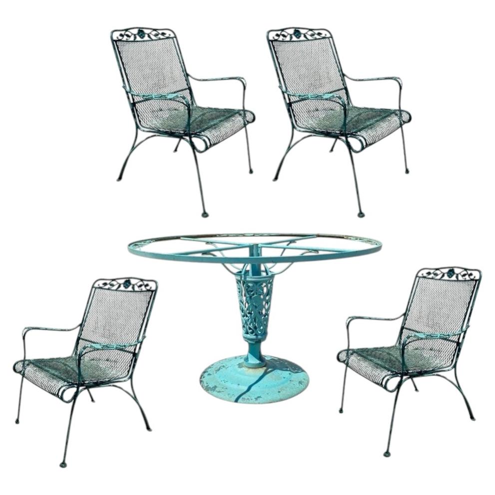 Vintage Woodard Wrought Iron Patio Dining Set w/ Round Pedestal Base Table 5 Pcs For Sale
