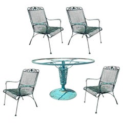 Vintage Woodard Wrought Iron Patio Dining Set w/ Round Pedestal Base Table 5 Pcs