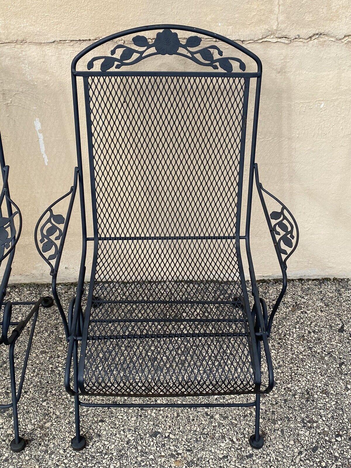 Vintage Woodard Wrought Iron Rose Pattern Springer Patio Arm Chairs - Set of 4 In Good Condition In Philadelphia, PA