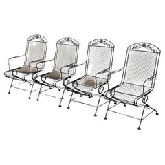 Retro Woodard Wrought Iron Rose Pattern Springer Patio Arm Chairs - Set of 4