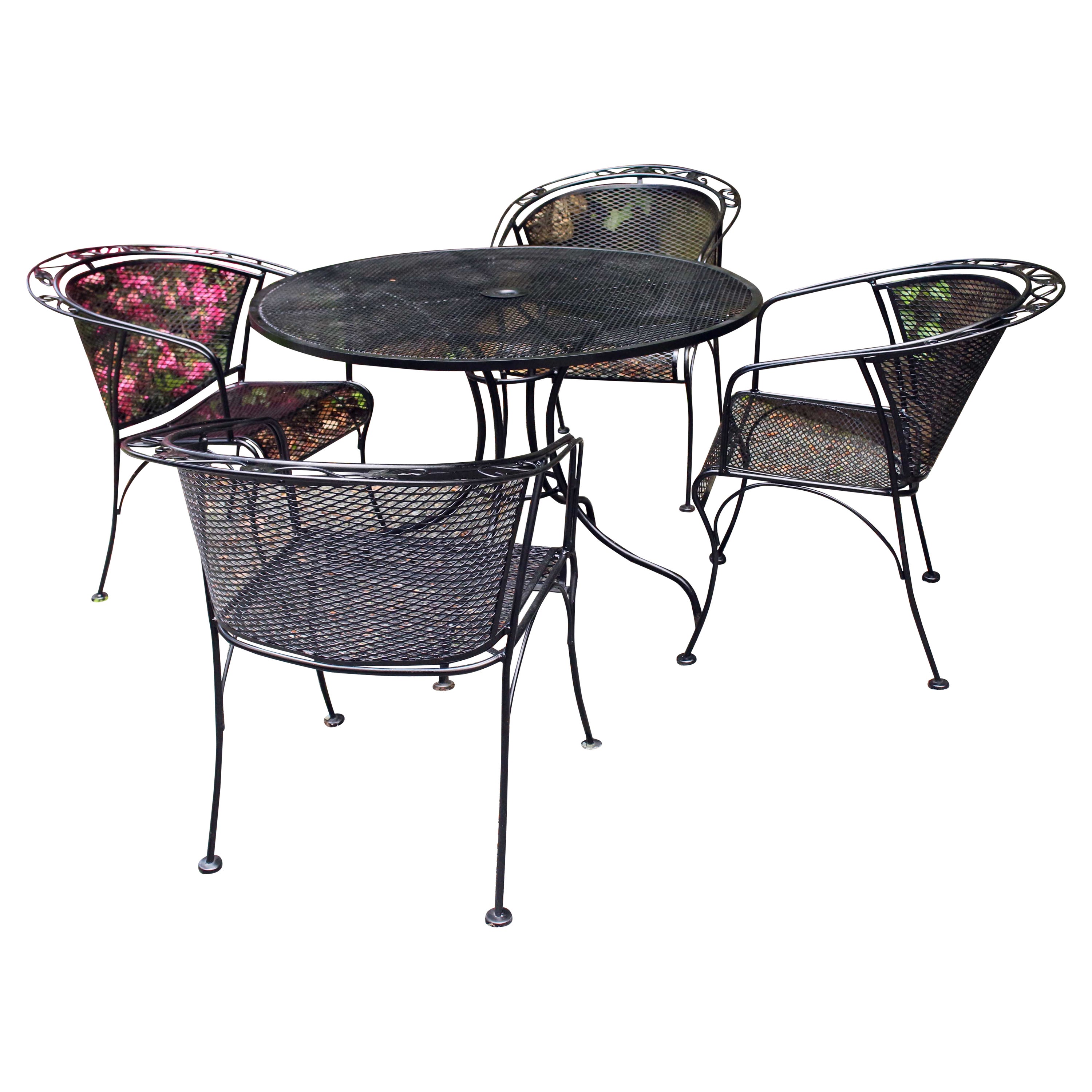 Vintage Woodard Wrought Iron Table 
4 Barrel Back Arm Chairs