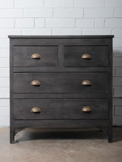 Vintage Wooden 4-Drawer Chest with Brass Shell Pulls in Charcoal Finish