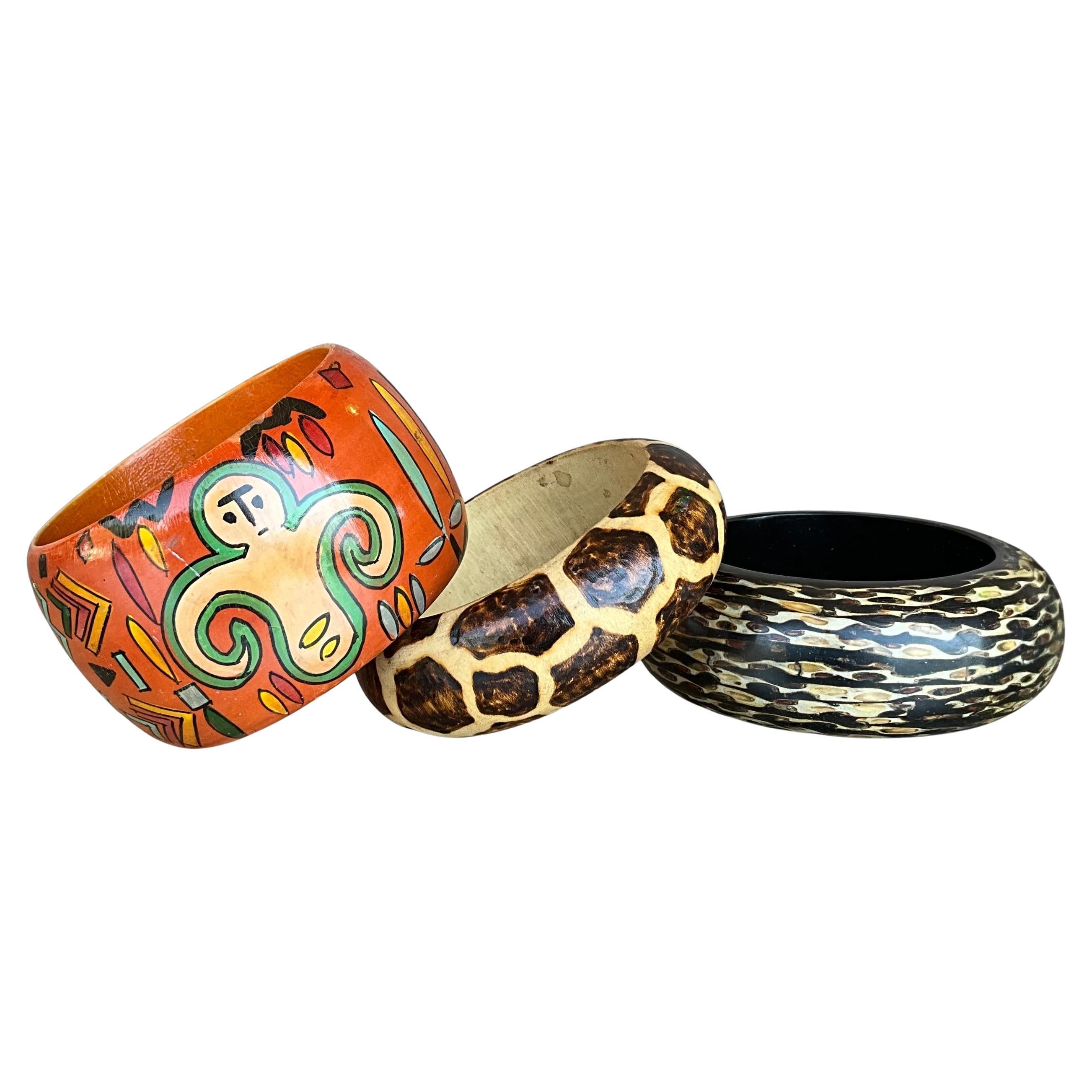 Bangles di legno vintage di ispirazione africana - Set di 3 pezzi
