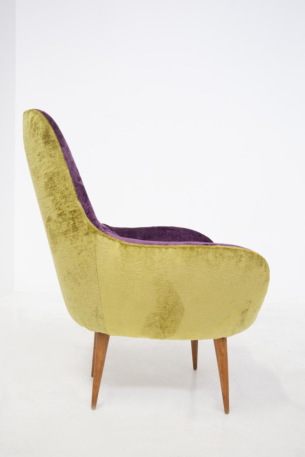 Mid-Century Modern Vintage Wooden Armchairs in Purple and Green Velvet For Sale