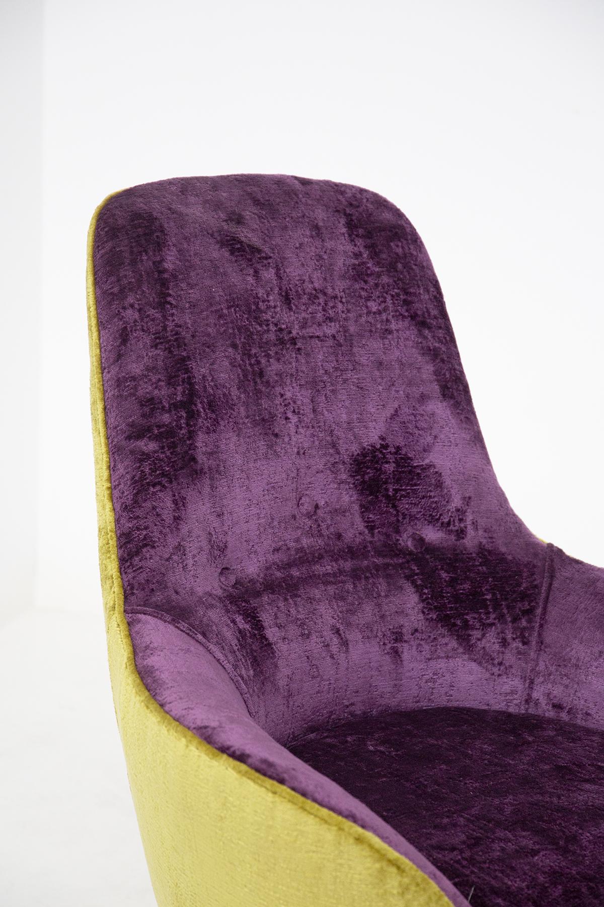 Italian Vintage Wooden Armchairs in Purple and Green Velvet For Sale