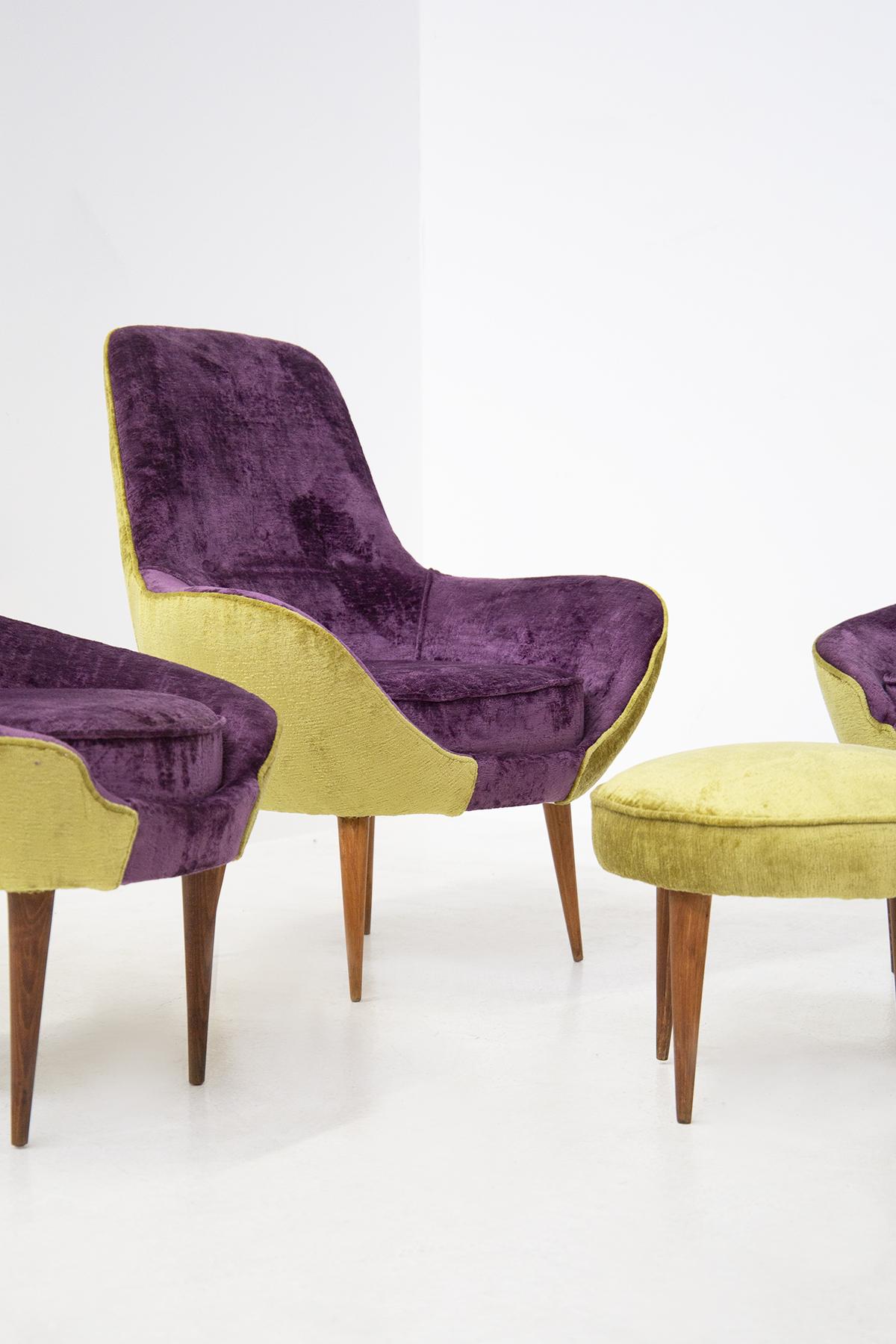 Vintage Wooden Armchairs in Purple and Green Velvet For Sale 1