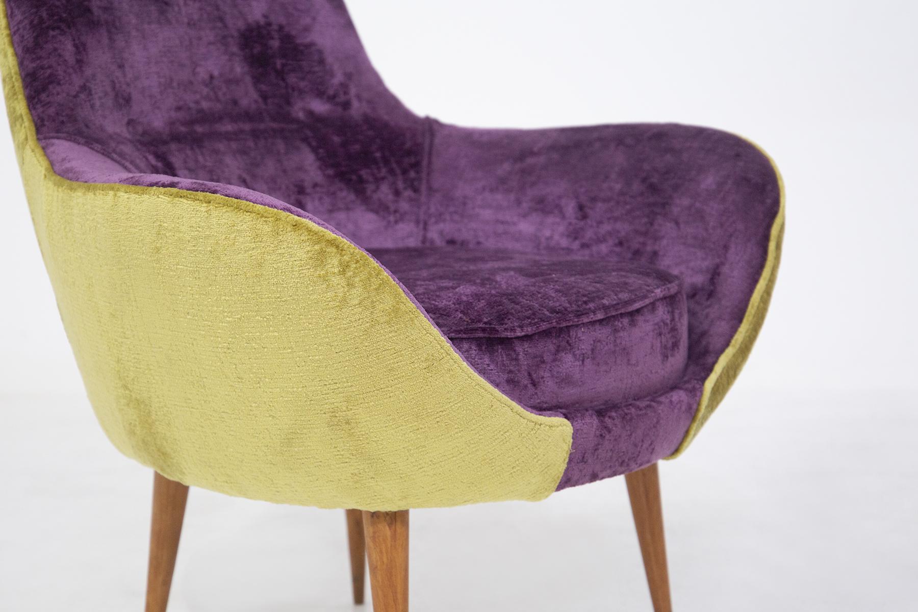 Vintage Wooden Armchairs in Purple and Green Velvet For Sale 2