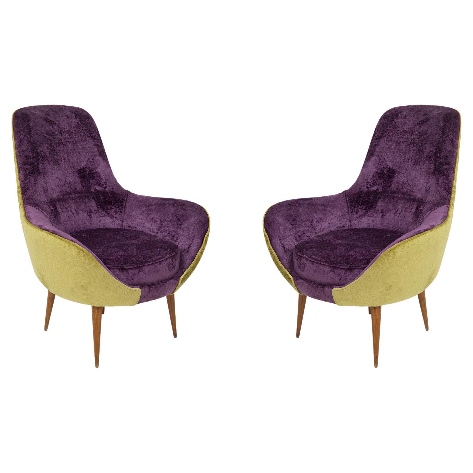 Vintage Wooden Armchairs in Purple and Green Velvet