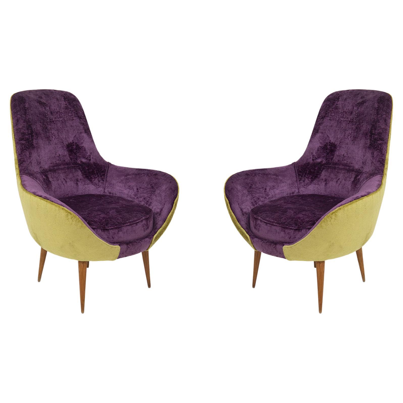 Fauteuils en bois vintage en velours violet et vert