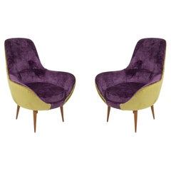 Retro Wooden Armchairs in Purple and Green Velvet