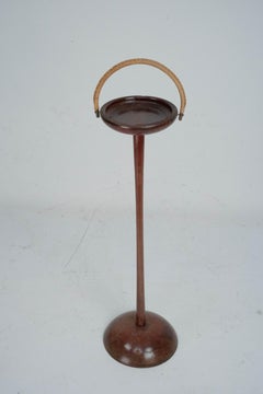 Vintage Wooden Ashtray Stand with Braided Leather Handle. Italy 1950s