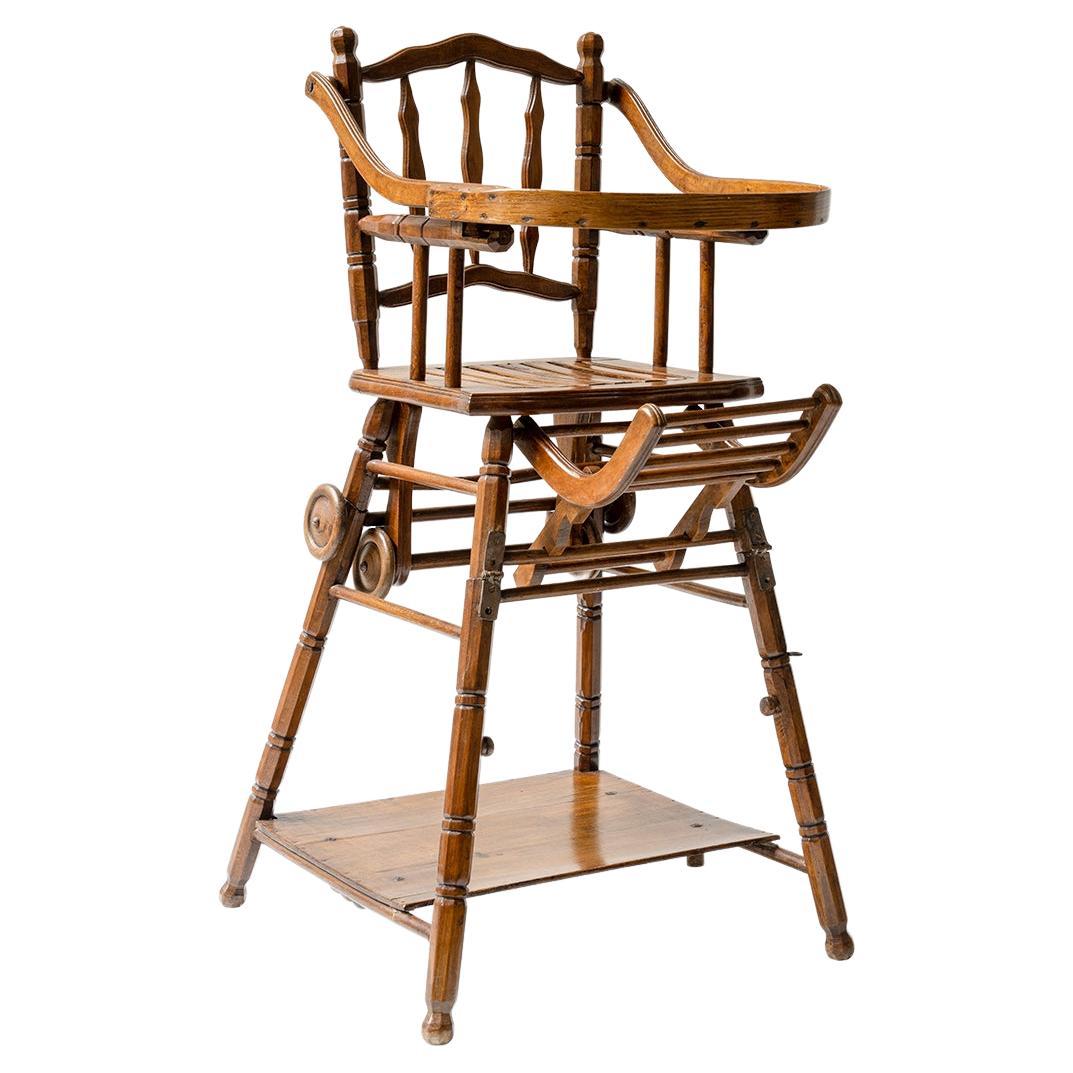 Vintage Wooden Baby's High Convertible Chair For Sale