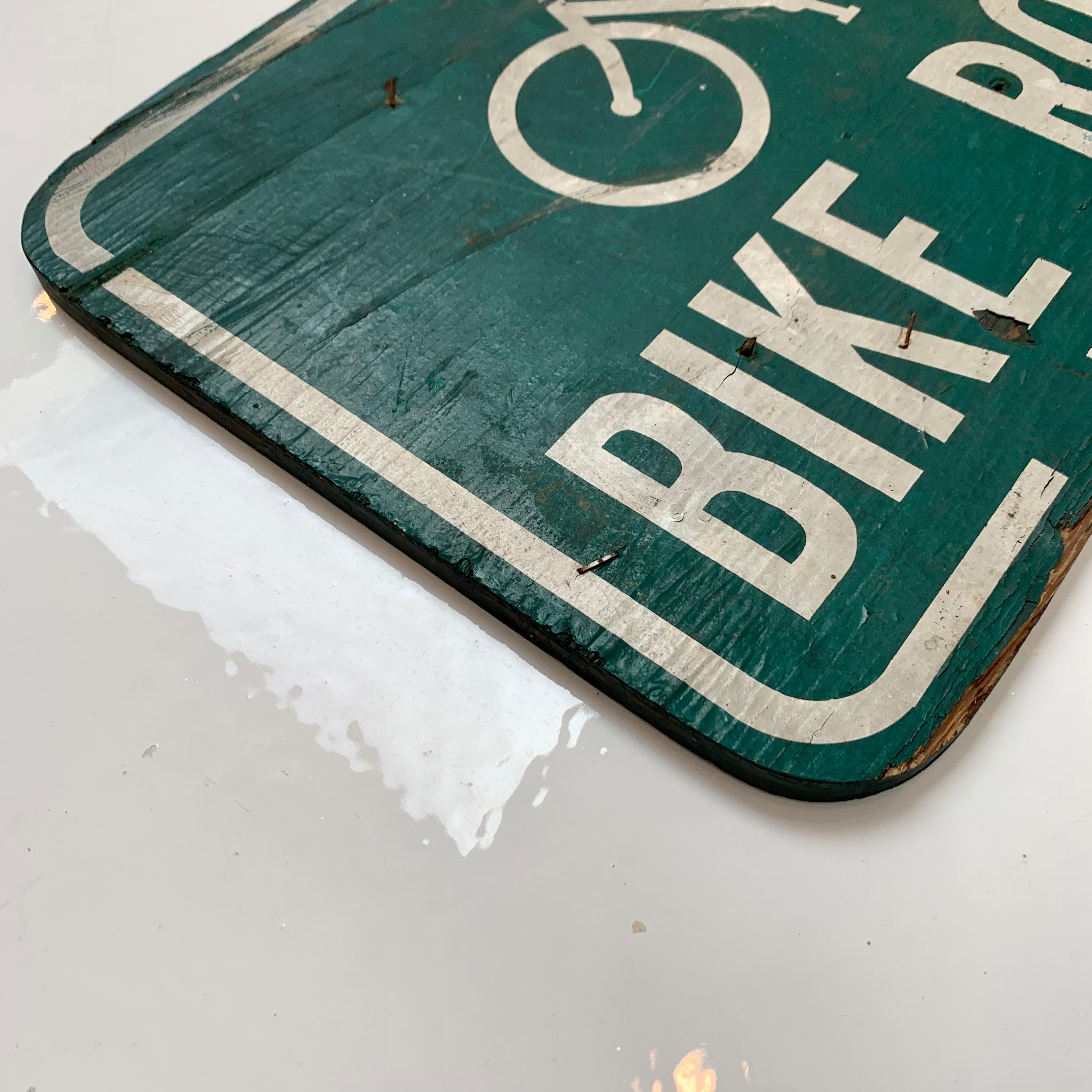 Vintage wood bike route signs from Berlin, CT. Scratches and signs of use. Very unusual to find this sign in wood as opposed to metal. From the parks and recreations department. Good vintage condition.