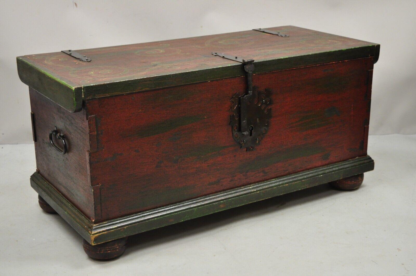 Vintage Wooden Blanket Chest Trunk French Country Style Red Green Paint 4