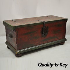 Vintage Wooden Blanket Chest Trunk French Country Style Red Green Paint