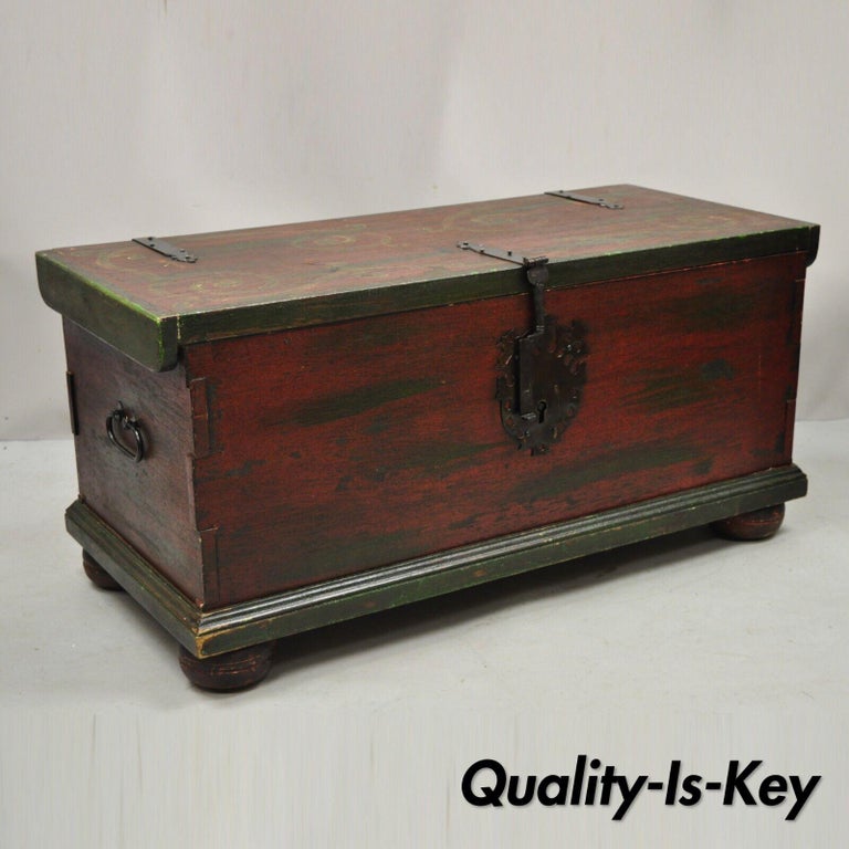 Vintage Wooden Blanket Chest Trunk French Country Style Red Green Paint