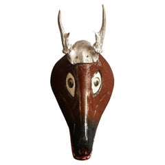 Mid Century Hand Carved Wooden Painted Mexican Deer Mask With Antlers Vintage