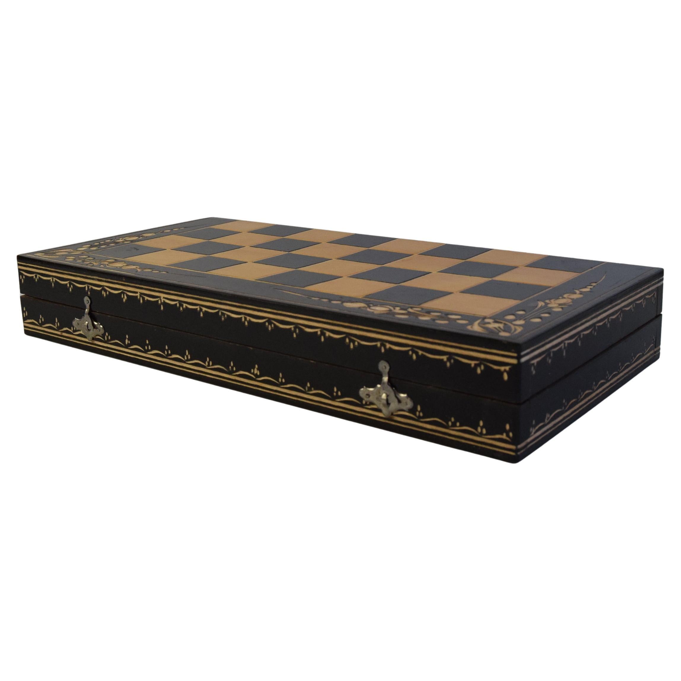 Vintage wooden chess set in wooden box