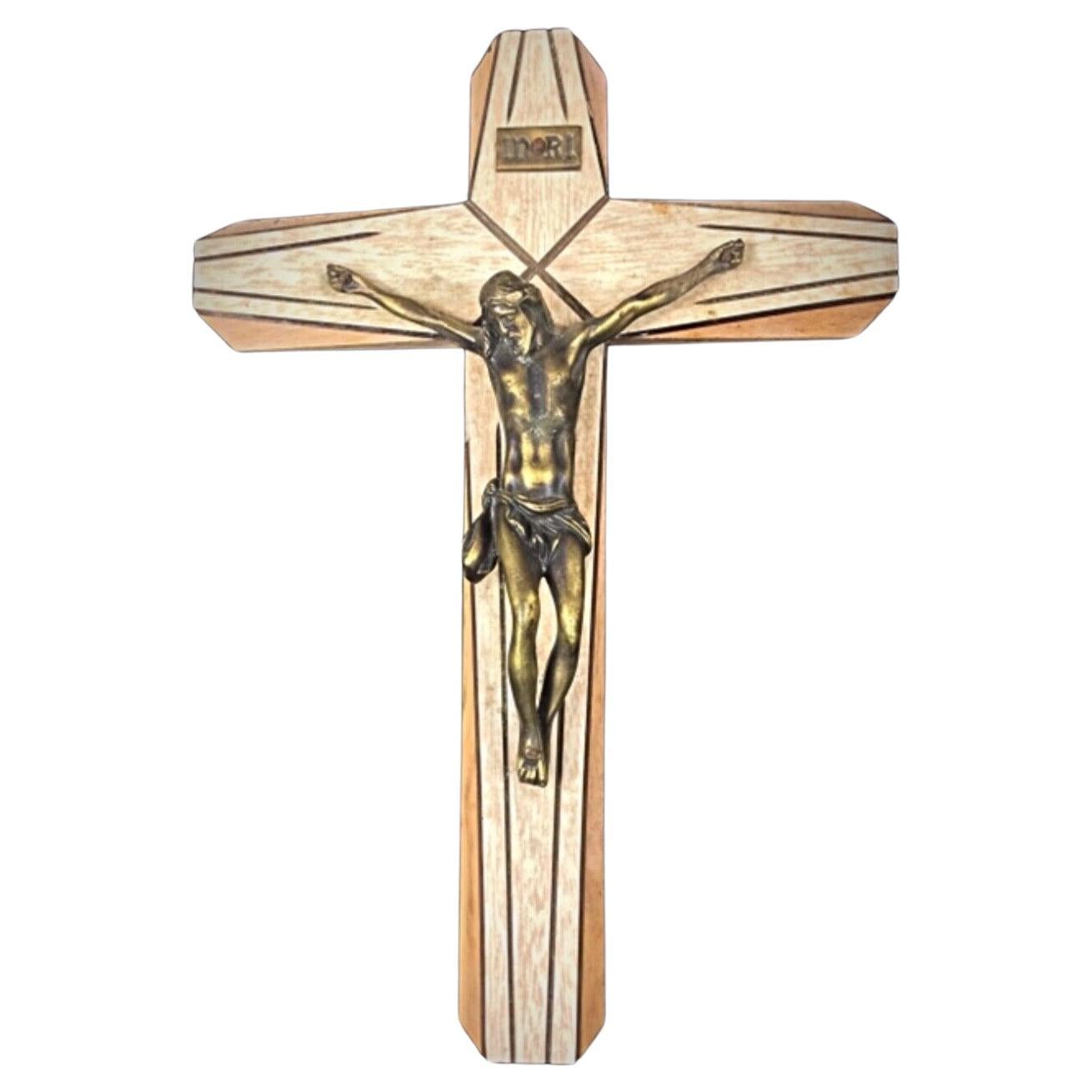 Crucifijo Vintage de Madera con Cristo en Régule - Simbolismo Cristiano, 2Y114