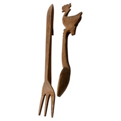 Vintage Wooden Cutlery Sculptures, Large Handcarved Fork and Spoon, 1960s