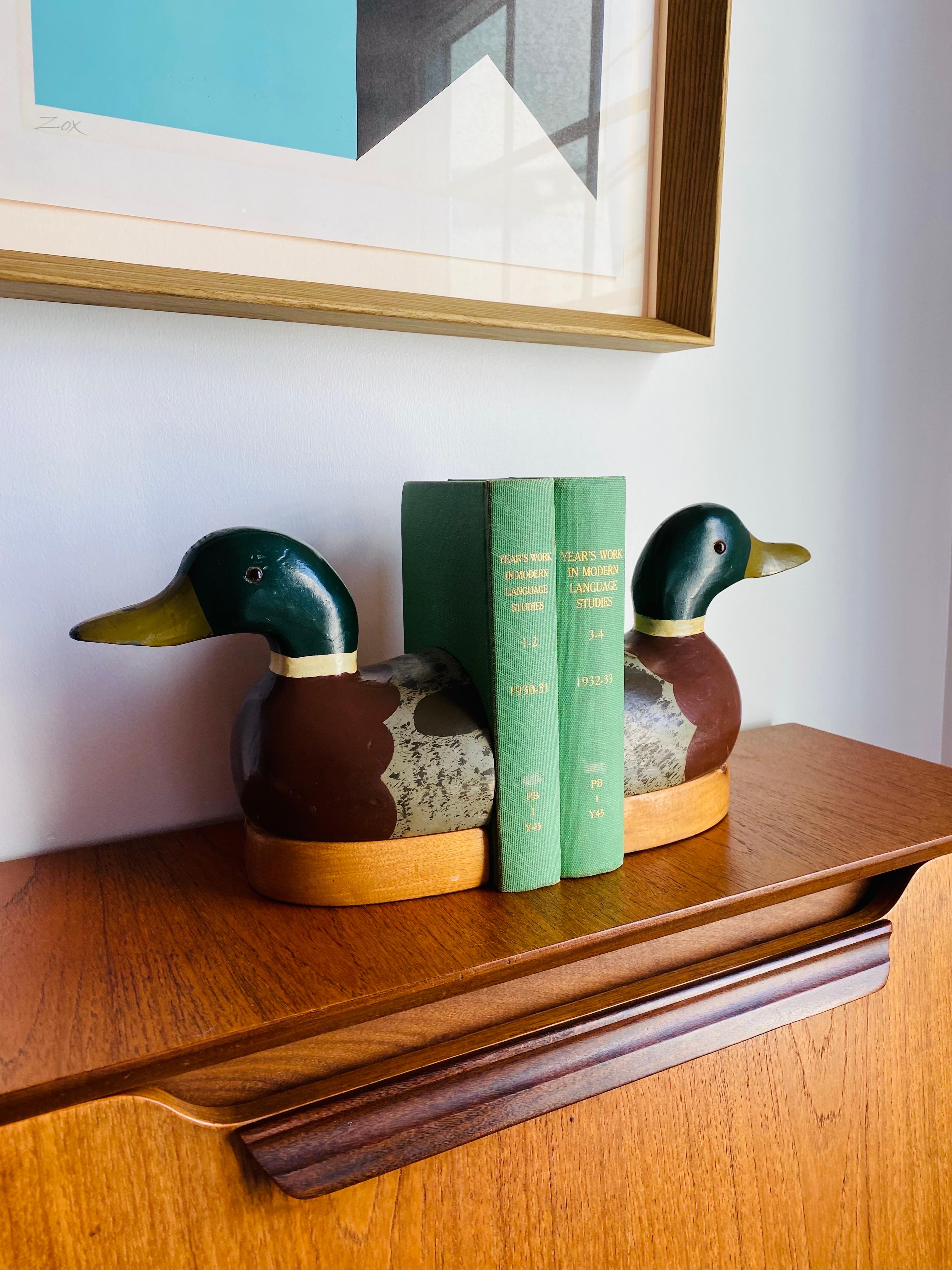 Mid-Century Modern Vintage Wooden Decoy Duck Bookends Americana